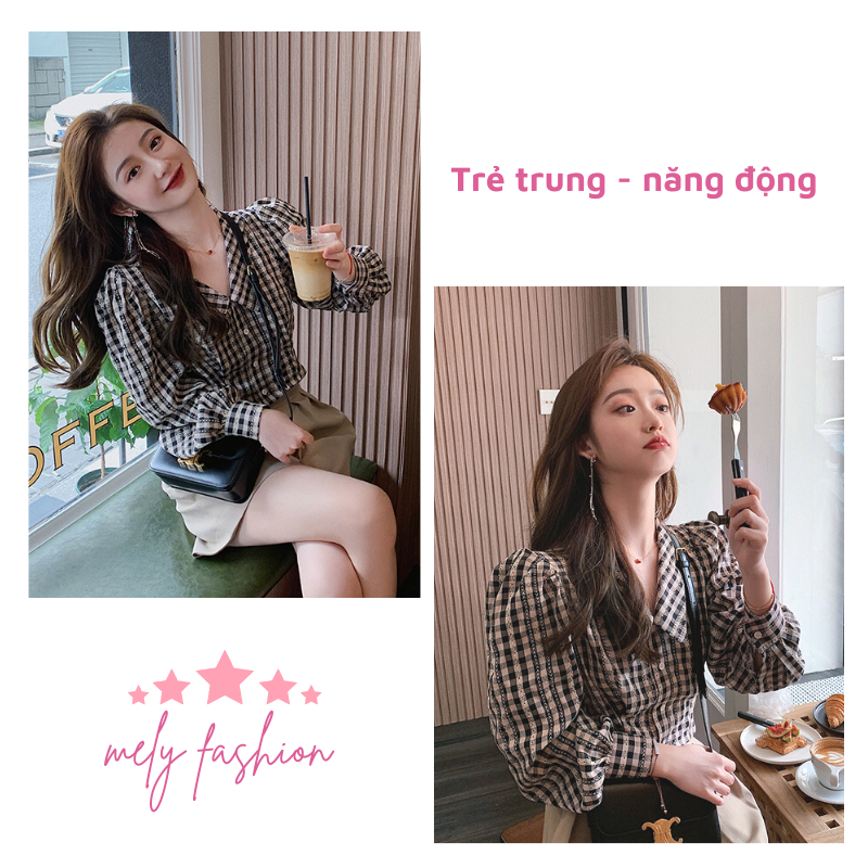 Áo sơ mi nữ croptop cổ bẻ dài tay bồng kẻ caro dáng ngắn lửng chất thô mềm màu đen phong cách hàn quốc trẻ trung ASM11