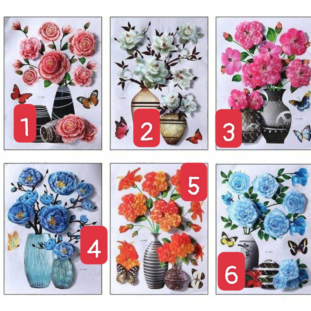 Combo 4 tấm Decal Bình Hoa 3d- Tranh Nổi dán tường 3d 12 mẫu sẵn keo dán