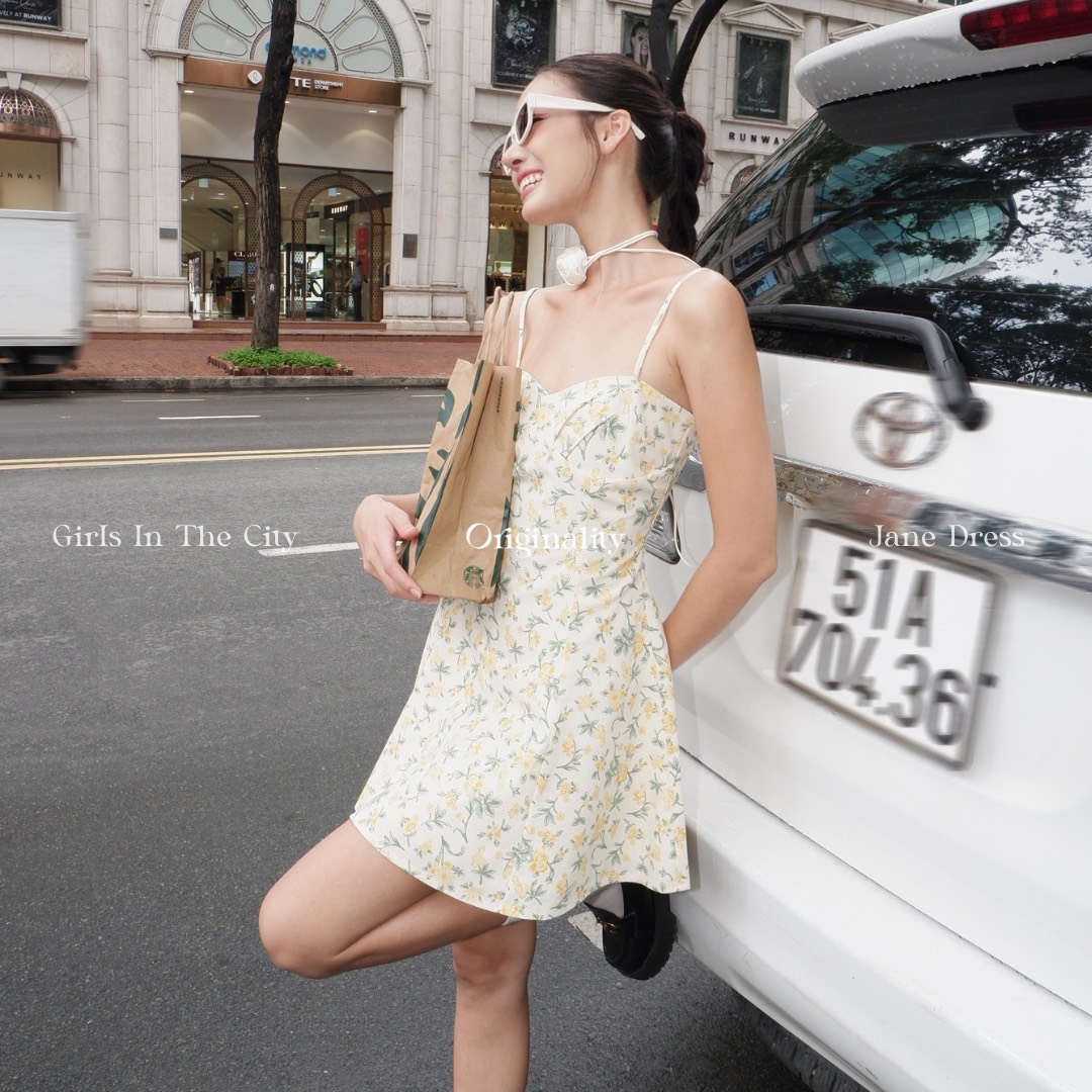 ORIGINALITY - ĐẦM MINI HAI DÂY HOA VÀNG - JANE DRESS