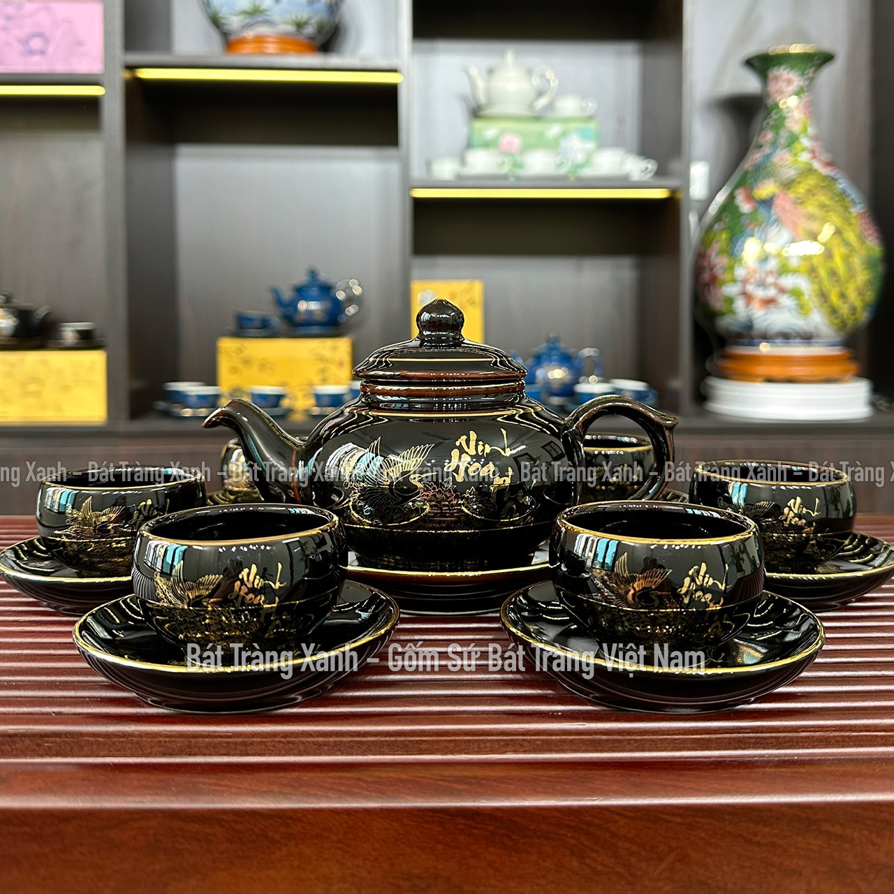Bộ Ấm Chén Men Đen Bóng VInh Hoa Phú Quý - Bộ Ấm Trà Bát Tràng Đẳng Cấp