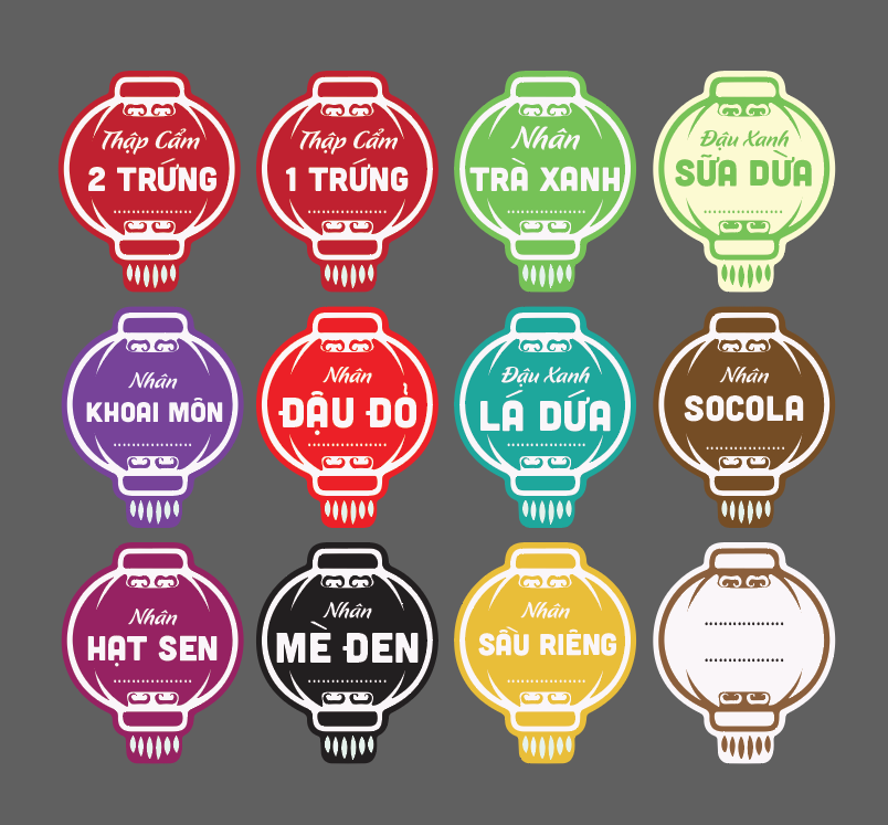 Tem nhân bánh trung thu 45 tem 1 tờ. Có đủ loại tên nhân, có thêm dòng tự ghi date