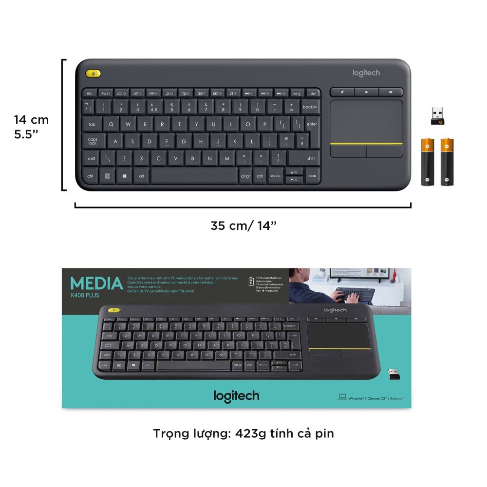 Bàn Phím không dây Logitech tích hợp Touchpad K400 Plus