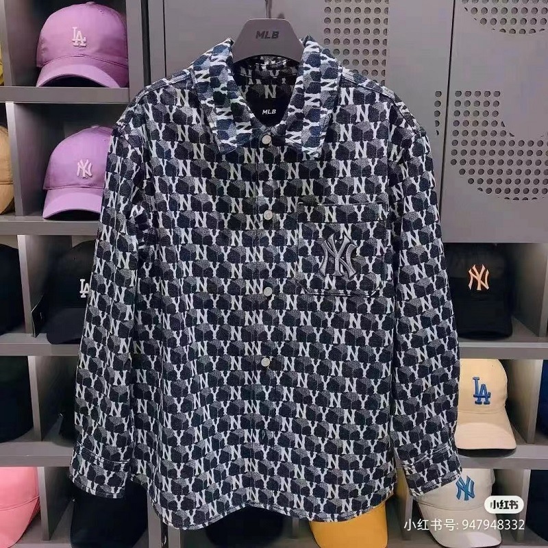 Mlb áo khoác denim cặp đôi nam nữ ny áo sơ mi denim cổ điển lão hoa thời trang áo thường ngày