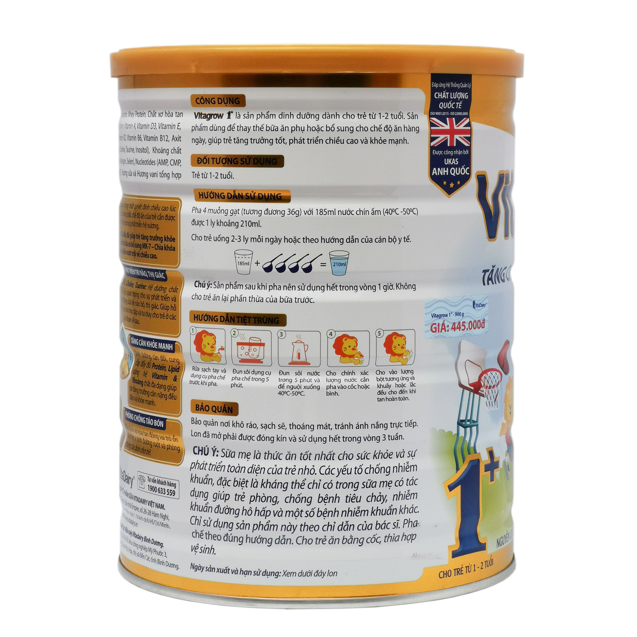 Sữa Bột Vitadairy Vitagrow 1+ Hộp 900g (Tăng chiều cao vượt trội; Cho trẻ 1~2 tuổi)