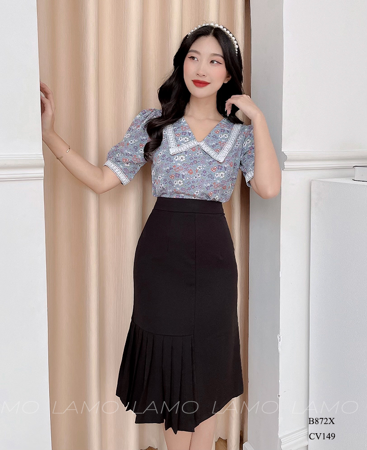 ÁO SƠ MI HOA CỔ V PHỐI REN -B872