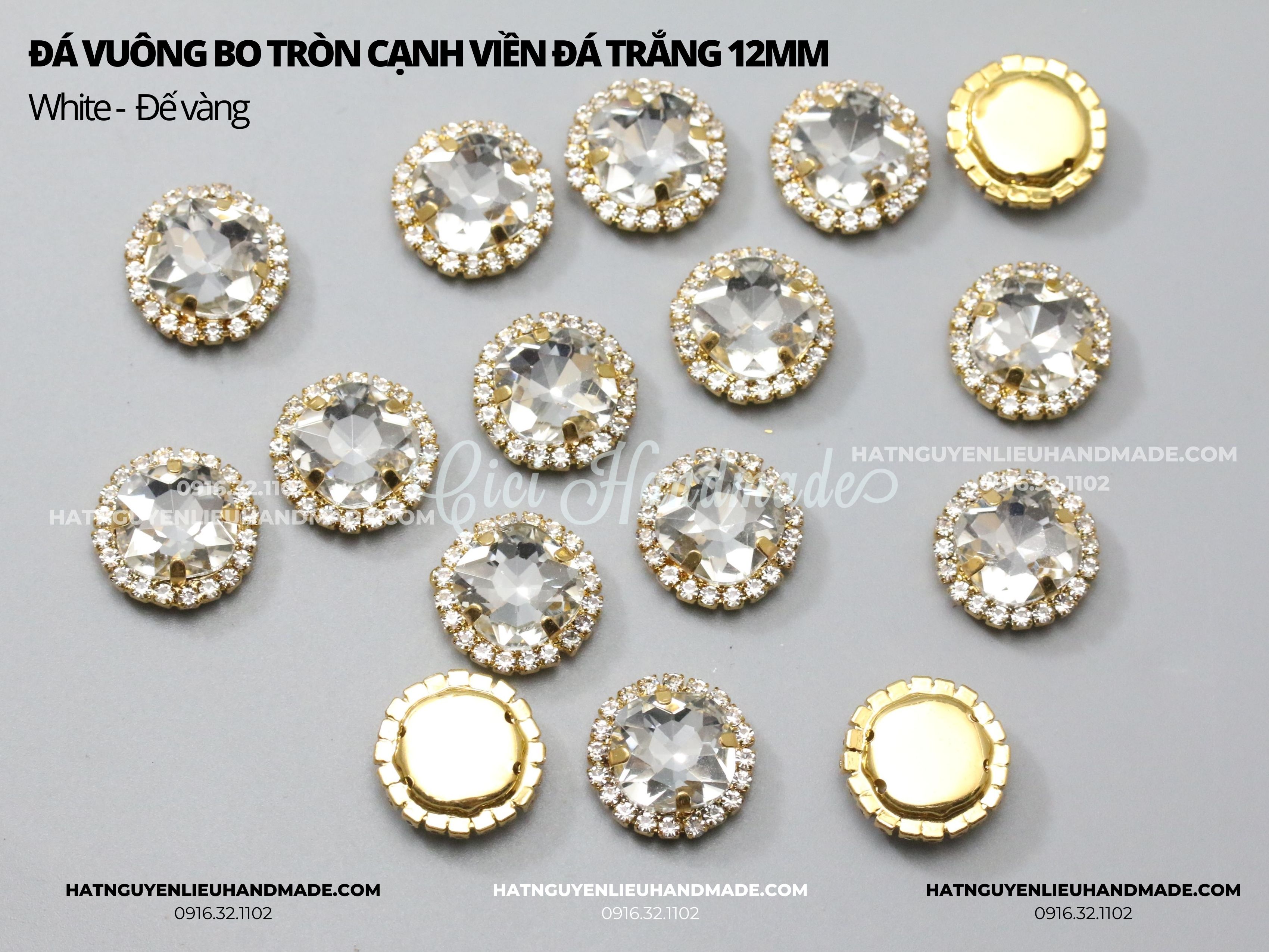 Đá vuông bo tròn cạnh viền đá trắng đế VÀNG 12mm có lỗ khâu Cici Handmade nguyên liệu DIY hạt đính kết