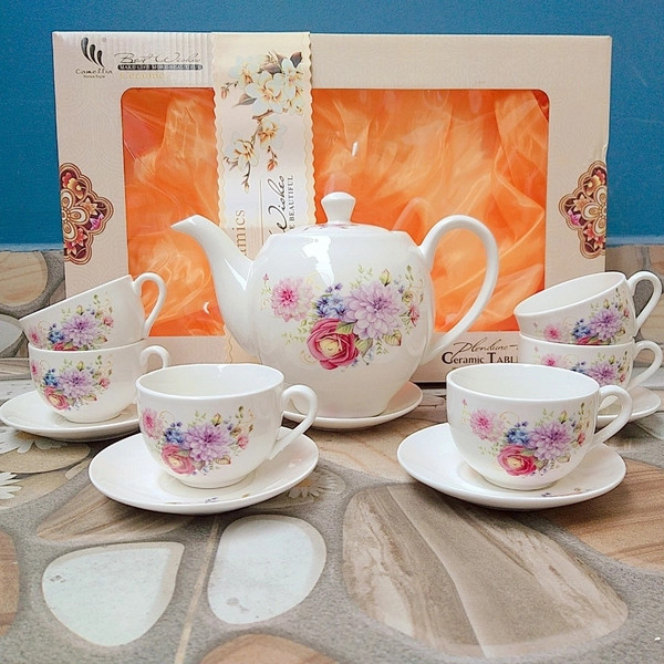 Bộ Ấm 6 Pha Trà Sứ Camellia Korea Style Ấm trà pha tiếp khách , bộ ấm tách trà Hàn Quốc