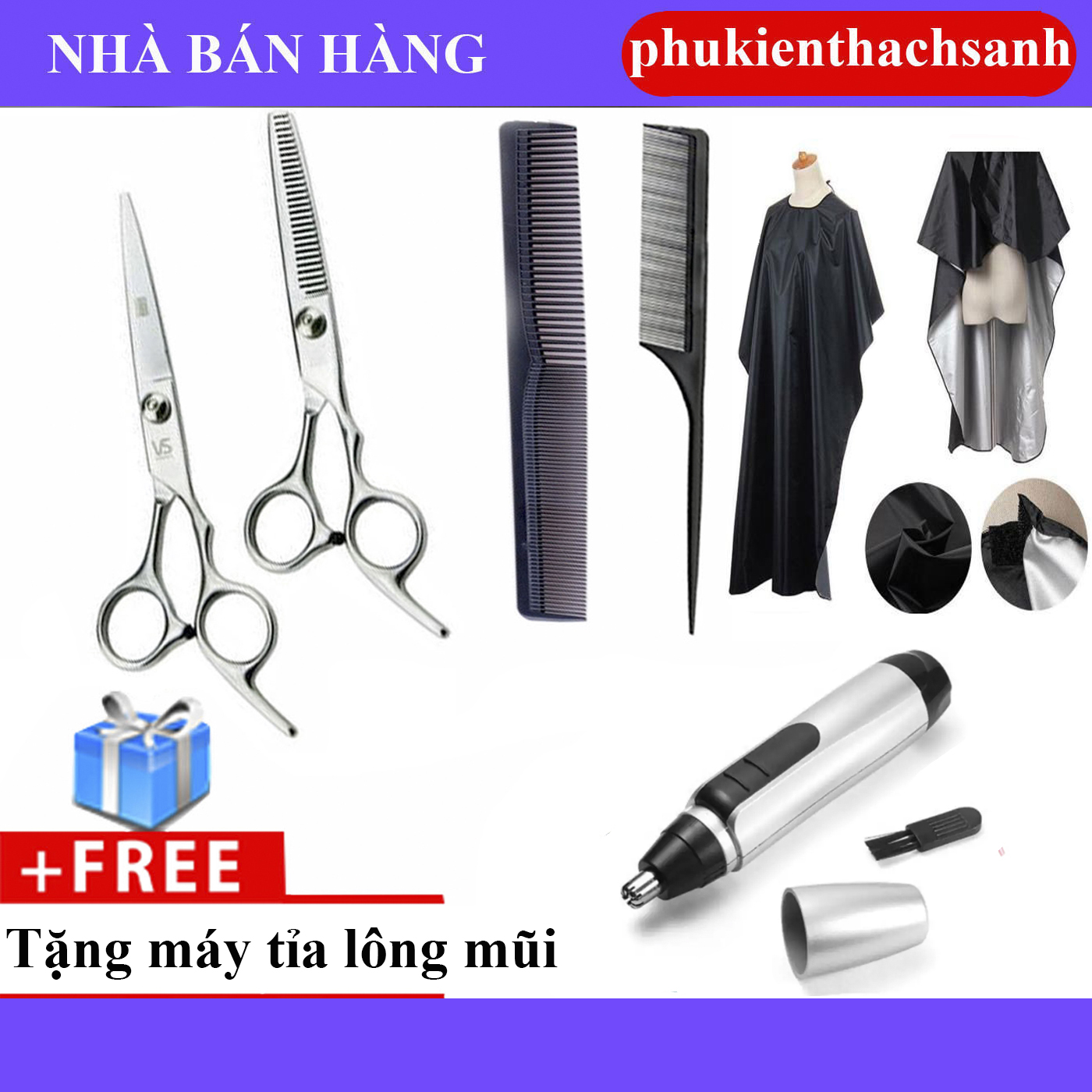 Combo Bộ Kéo cắt tóc và tỉa tóc + 2 cây lược + Áo choàng cắt tóc + Máy tỉa lông mũi