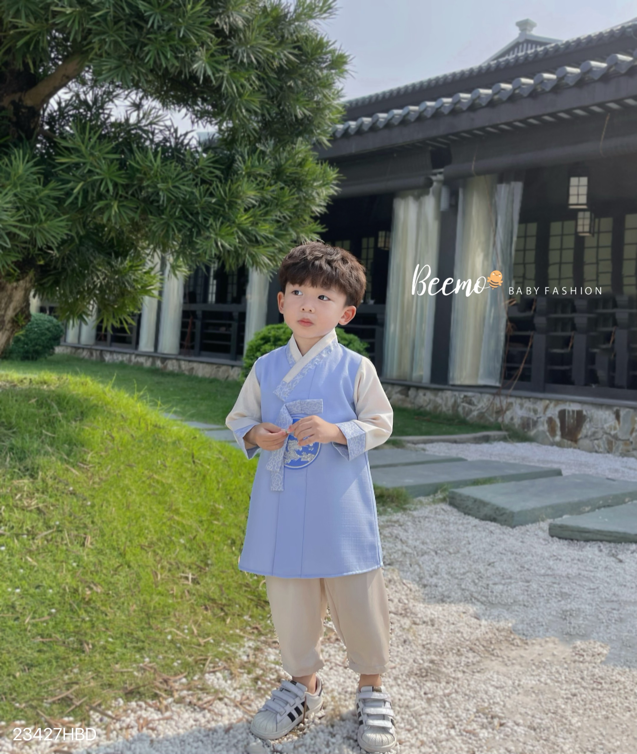 Set bộ áo dài Beemo Hanbok thêu rồng vải dạ text cùng quần lụa may ly gấu mặc sự kiện, tết 23427HBD