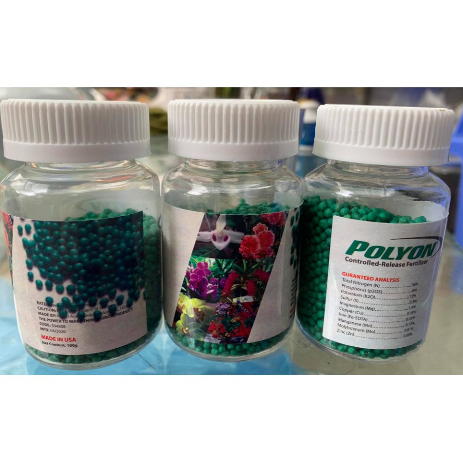 Phân tan chậm mỹ polyon hạt xanh 16-6-12 lọ 100gram