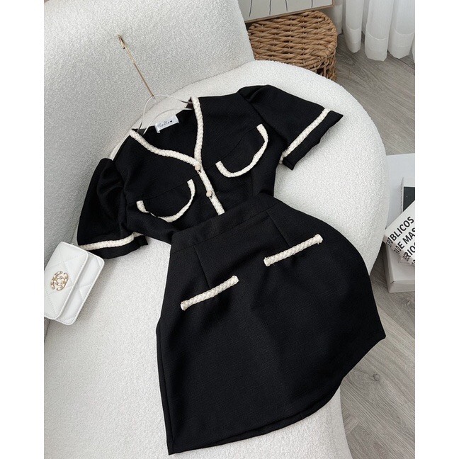 SET (có bigsize) ÁO ĐEN VIỀN TRẮNG + CHÂN VÁY H21