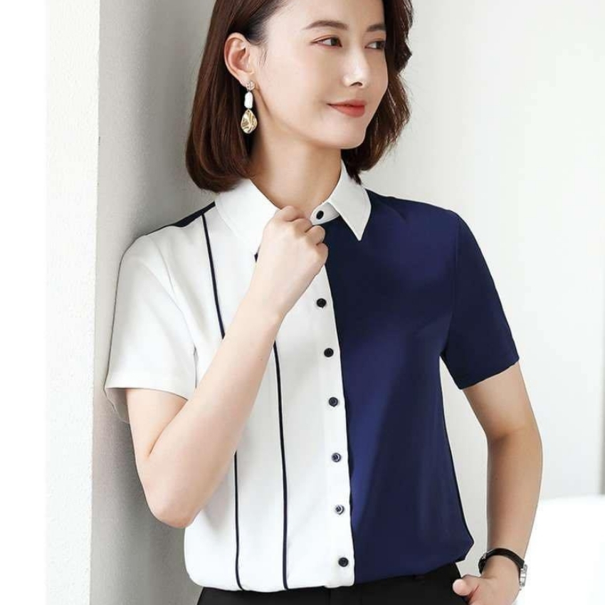 [HCM]Áo sơ mi nữ tay ngắn phối màu trắng xanh Mã W8874 TẬP ĐOÀN THỜI TRANG Chất vải mềm mại không nhăn không phai màu