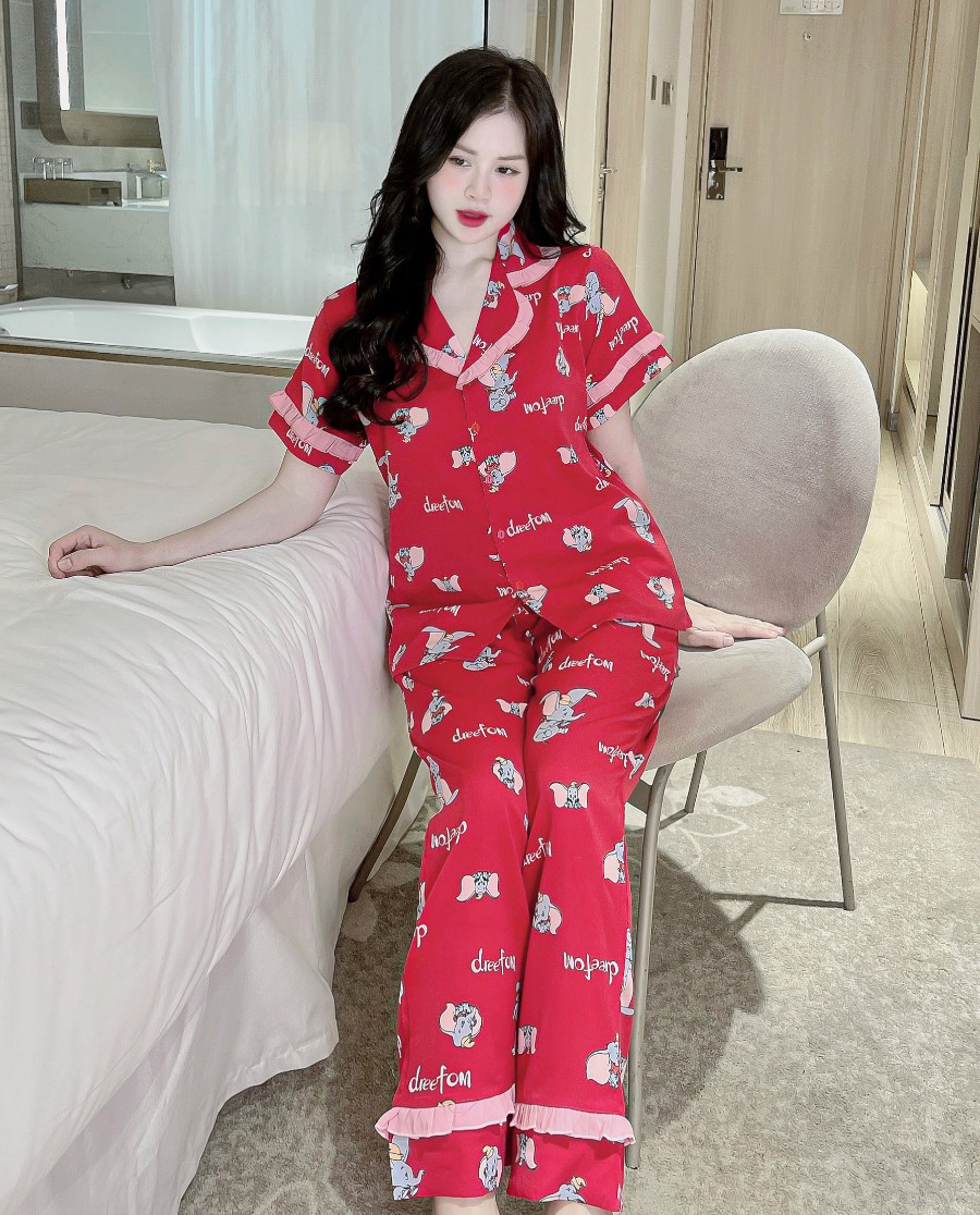 Đồ bộ mặc nhà cổ phối tay ngắn quần dài, pizama nữ lụa mango Nhà Suri