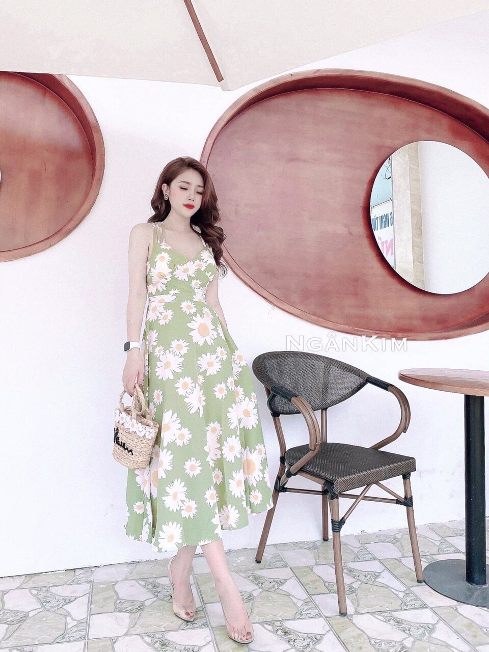 Váy đầm nữ hai dây in hoa vải lụa