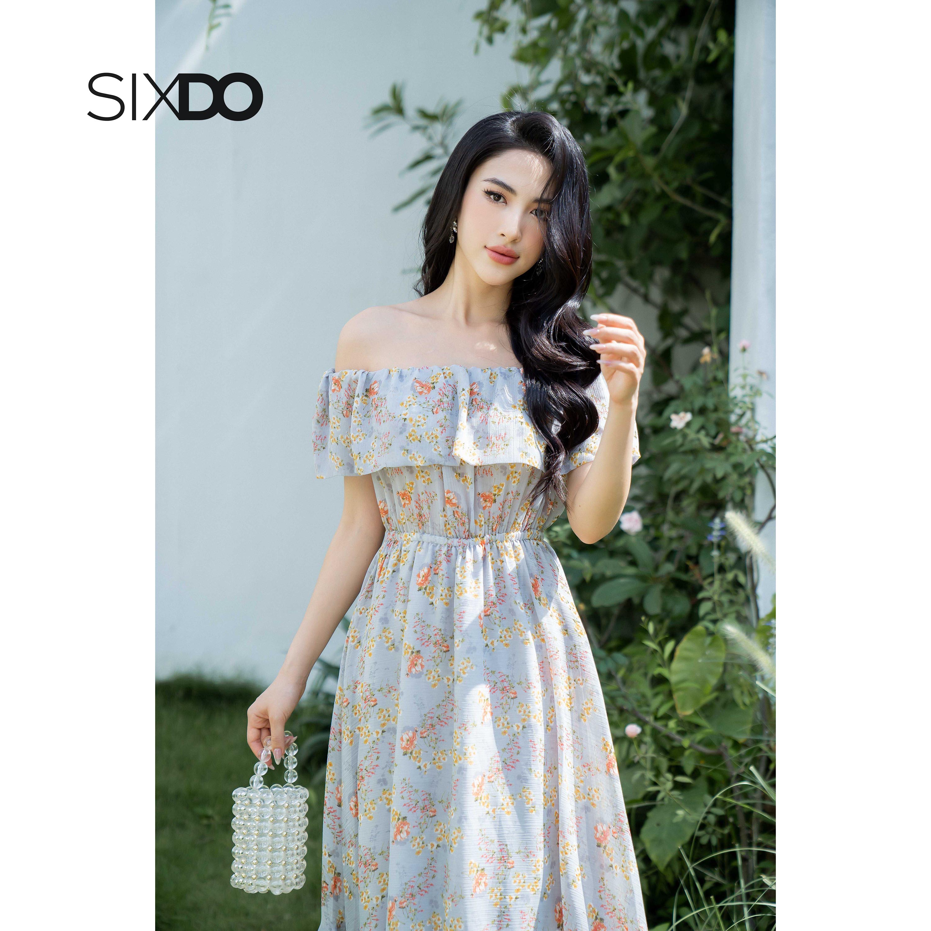 Đầm maxi voan hoa trễ vai SIXDO