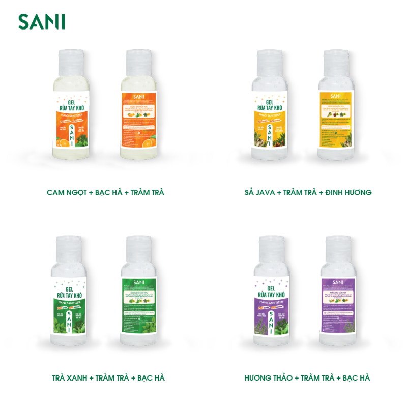 Gel rửa tay khô SANI tinh dầu Cam Ngọt - Sả Java - Hương Thảo - Trà xanh 50ml