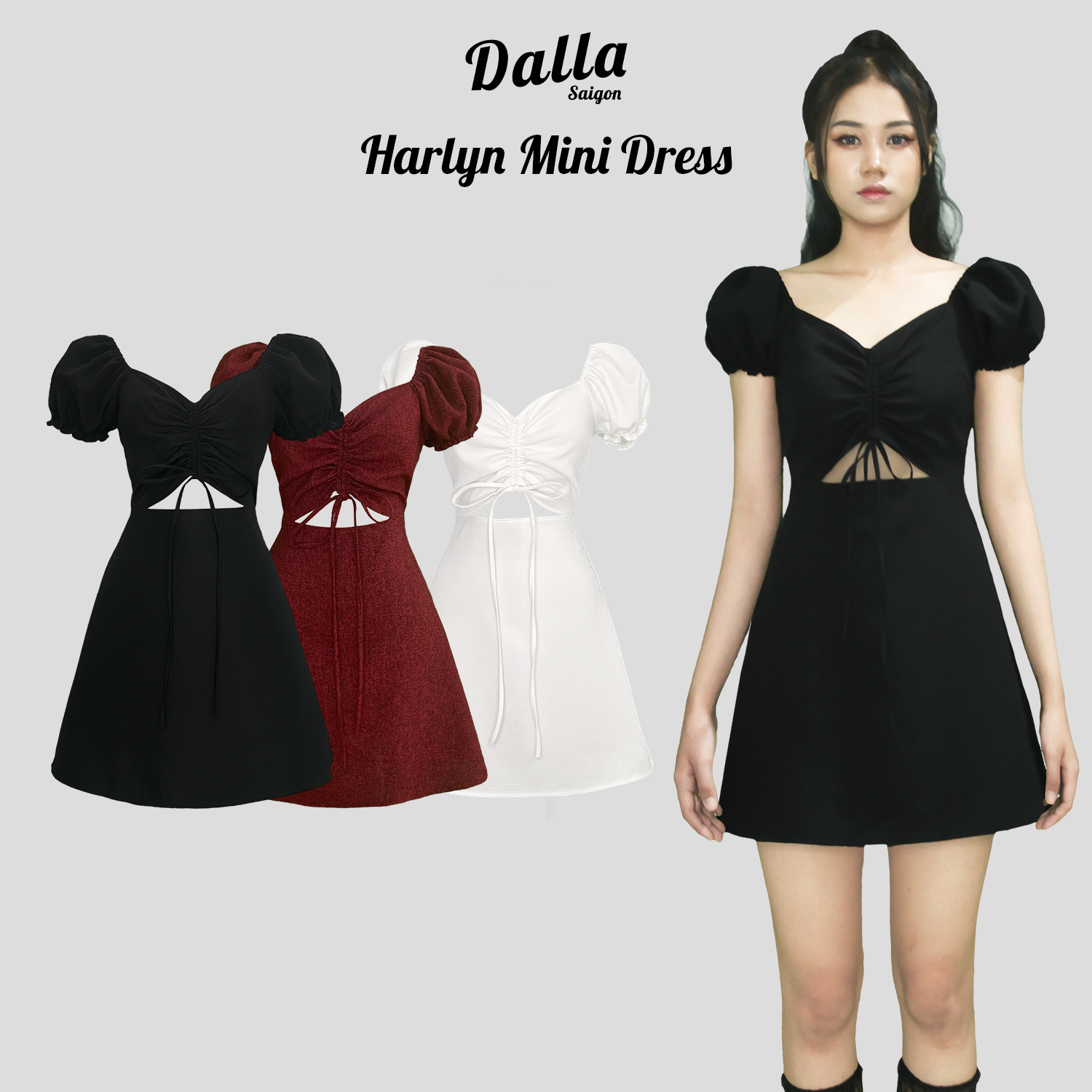 DALLA Đầm rút dây tay phồng (D15)