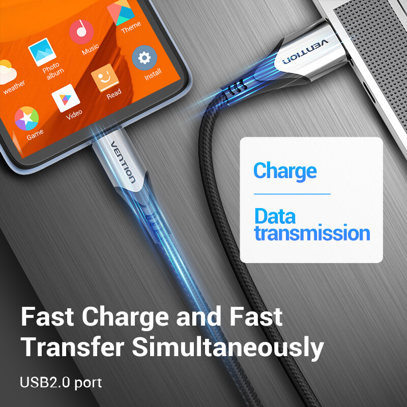 Vention Cáp sạc nhanh Micro USB 3A Nylon, dây sạc điện thoại Micro USB 1M/2M/3M dành cho Samsung Xiaomi Oppo LG máy tính bảng