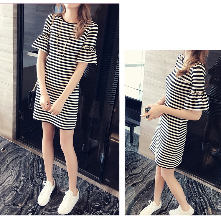 Đầm thun kẻ sọc phối tay bèo nhún thời trang