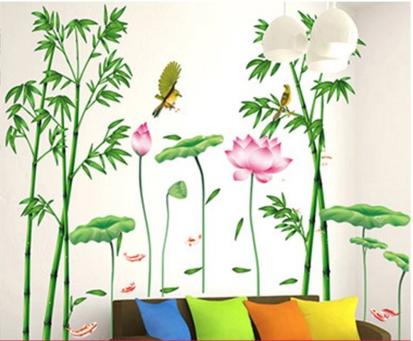 Decal dán tường tết bụi trúc xanh và sen hồng