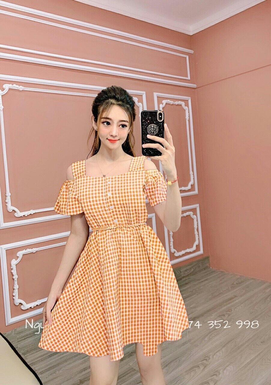[HCM]ĐẦM DÁNG XÒE CARO VẢI THUN AD