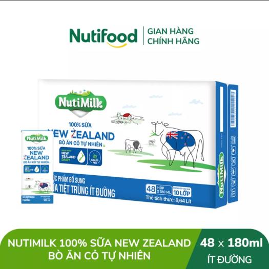Thùng 48 Hộp 100% sữa New Zealand bò ăn cỏ tự nhiên ít đường 180ml