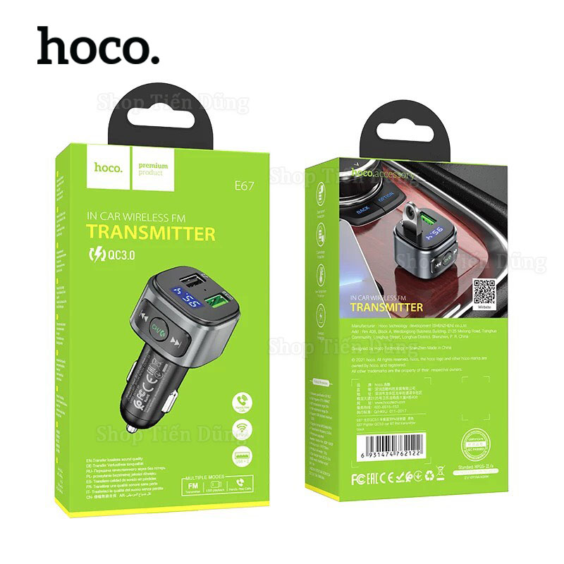 Tẩu Sạc Xe Hơi Hoco E67 - Bộ phát sóng FM Bluetooth trên ô tô hoco E67 Fighter QC3.0 (Đen)