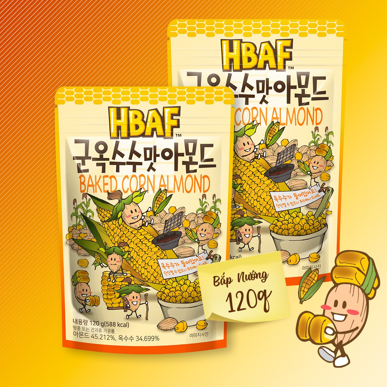 [DATE T9.2024] Hạt Hạnh nhân Mix Bắp Nướng HBAF 120g Hàn Quốc (1 GÓI)