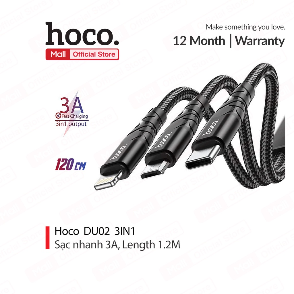 Cáp sạc Hoco DU02 3in1 Lightning/Type-C/Micro sạc nhanh 3A dây dù siêu bền dài 120CM cho Smartphone/IP6/7/8
