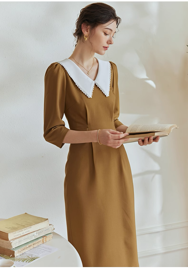 Đầm suông xếp eo cổ sơ mi trắng phối ren tay lửng