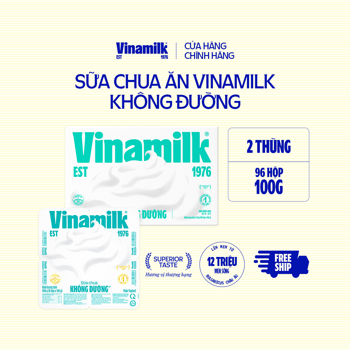 [CHỈ GIAO TRONG BÁN KÍNH 10KM] 2 Thùng Sữa chua ăn Vinamilk không đường 100g Yaourt 48 hộp/thùng