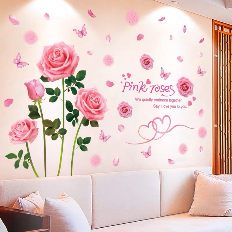 Decal dán tường hoa hồng phấn trang trí phòng ngủ (mẫu mới)