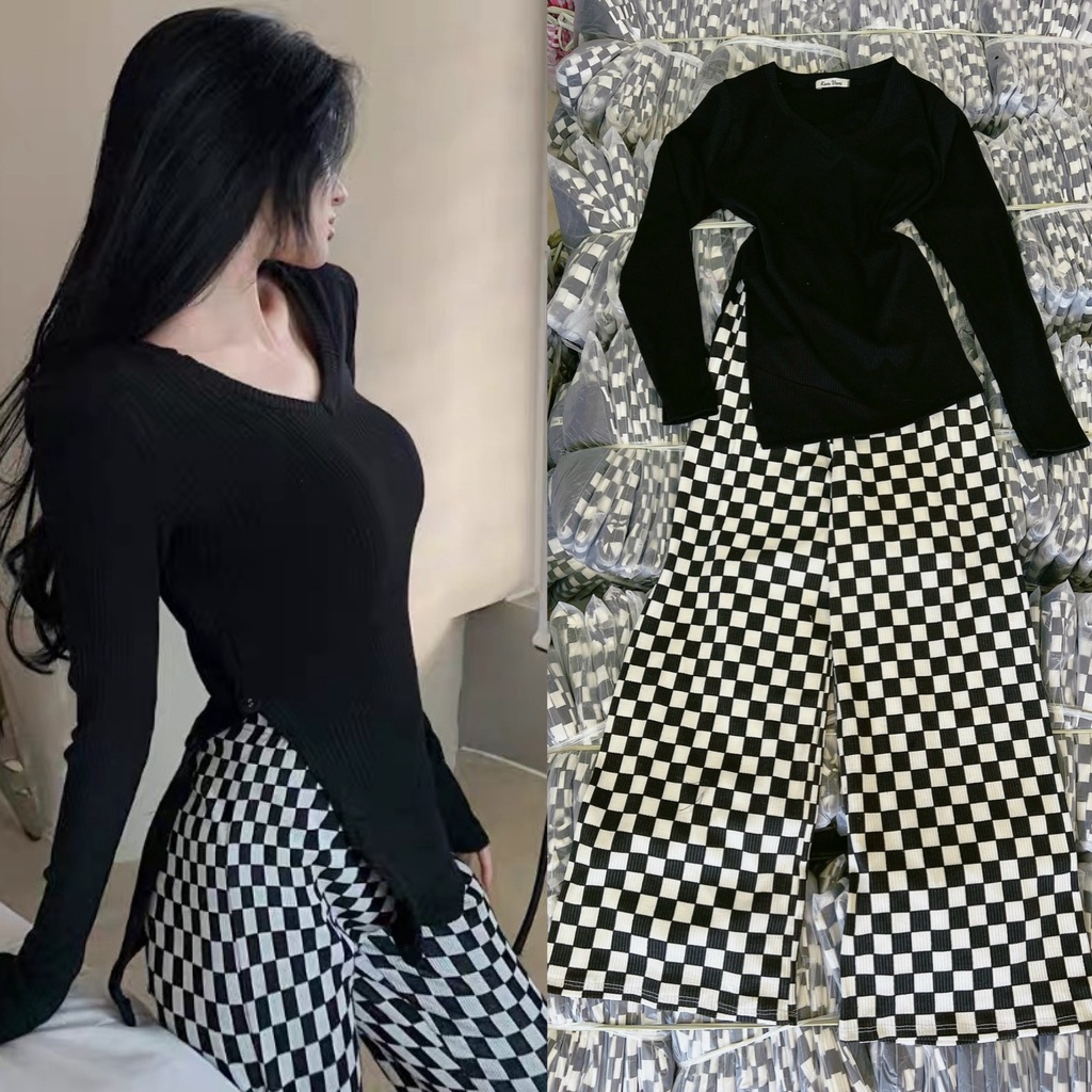 Set đồ bộ thun gân quần dài ống rộng