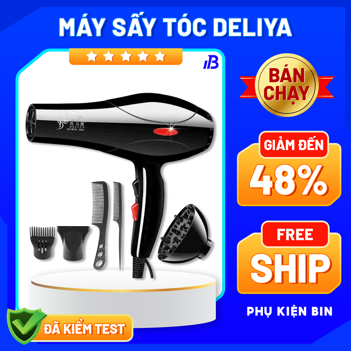 Máy sấy tóc tạo kiểu deliya công suất lớn 2200w tặng kèm bộ phụ kiện 5 món vỏ làm từ chất liệu cao cấp - máy sấy tóc mini - máy sấy tóc tạo kiểu - máy sấy tóc 2 chiều bh uy tín 1 đổi 1 nếu lỗi