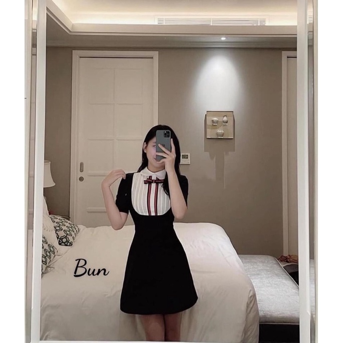 ⚡️Bán Sỉ⚡️Đầm Xoè Đen Phối Cổ Yếm Đính Nơ Đỏ