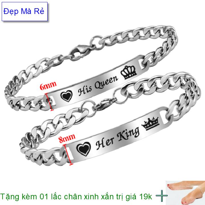 (Gift 01 ankle chains) bangles couple stainless steel đẹp that cheap silver color carved letters his Queen, her King-selling price as above is 1 pair as picture