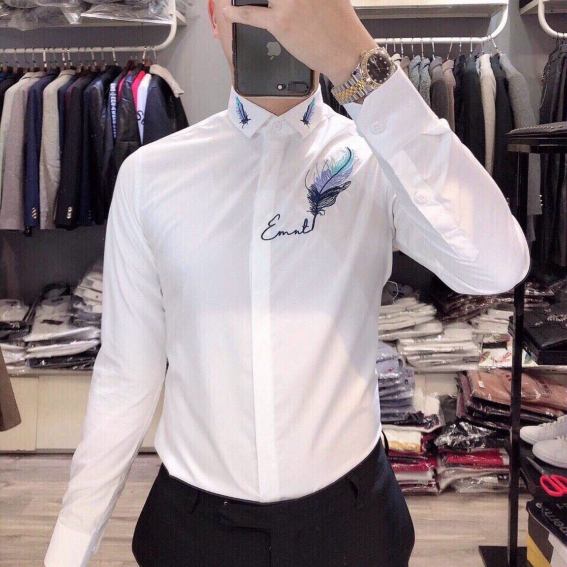Áo sơ mi nam phối họa tiết lá cực đẹp vải lụa mềm mịn co dãn thấm hút mồ hôi tốt hàng cao cấp