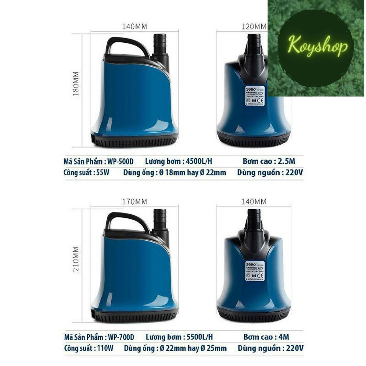 Máy bơm Sobo WP 700D hút bề mặt đáy hồ cá, bơm trìm 360