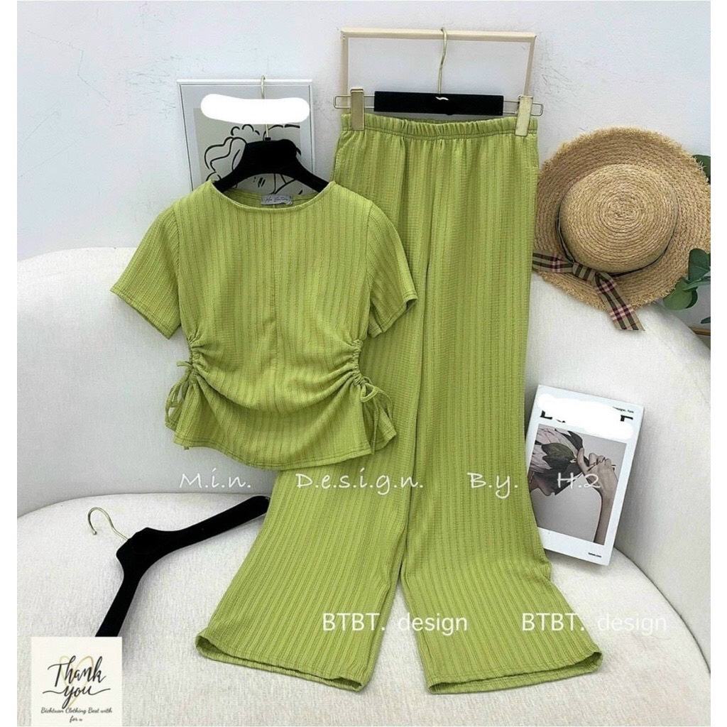 Set bộ thun gân tăm áo rút eo 2 bên phối quần đũi thoải mái, Set bộ đồ nữ sang chảnh đũi gân rút eo phối quần dài, Set nữ chất thun gân áo rút 2 bên mix quần dài suông MTB