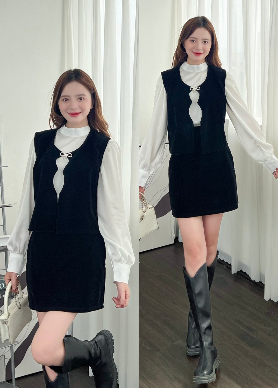 Set 3 món áo sơ mi mix áo ghile và chân váy nhung - 247StoreFashion- Setnhungmixaosatin0203