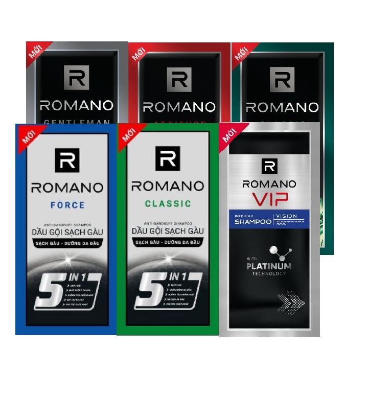 Set 12 gói dầu gội Romano 5g (Xanh lá - Xanh dương - Đỏ - đen - 5in1)