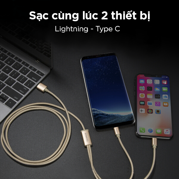 Cáp sạc nhanh Romoss CB21A 2in1 USB to Lightning / Type C dài 1.5m
