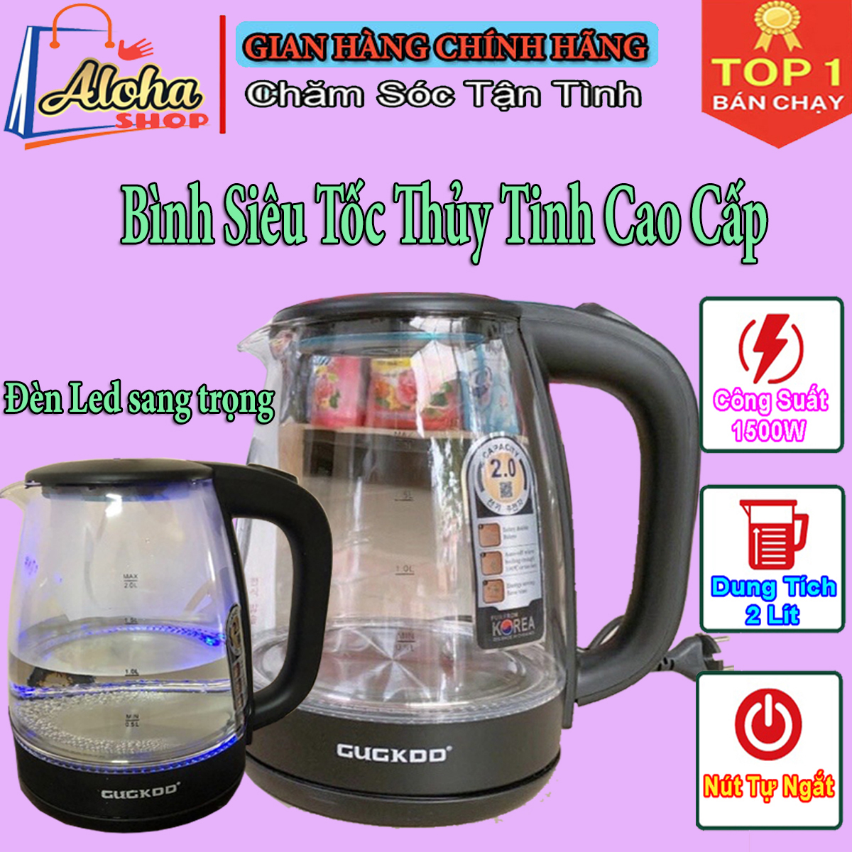 Ấm đun siêu tốc thủy tinh cuckoo cao cấp, ấm đun nước siêu tốc - bình đun siêu tốc, bình đun nước thủy tinh cuckoo 2.0l, công suất 1500w, bình siêu tốc thủy tinh cao cấp, đèn led, tự ngắt khi sôi, ấm siêu tốc, ấm
