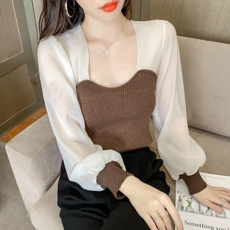 Kèm Video - Dưới 53kg]Áo thun gân cổ vuông phối tay voan bồng dài tiểu thư croptop MC