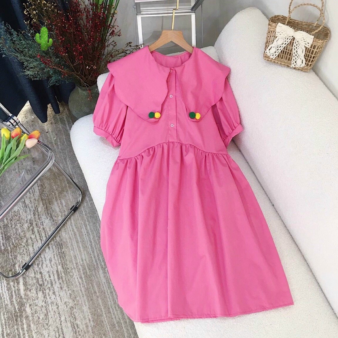 Đầm babydoll kate cổ bèo thuyền kèm nút gài ngắn tay tiểu thư ttpk0572