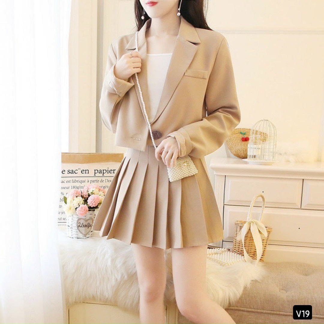 HCM] Sét bộ vét tay dài áo vét crotop chân váy dập ly mang lại sụ trẻ trung ld22