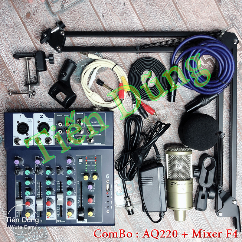 Mic thu âm AQ220 mixer F4 bluetooth chân đế dây livestream chế dây truyền nhạc