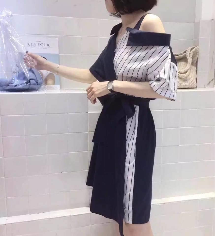 Đầm sơmi trễ vai phối sọc thắt nơ eo