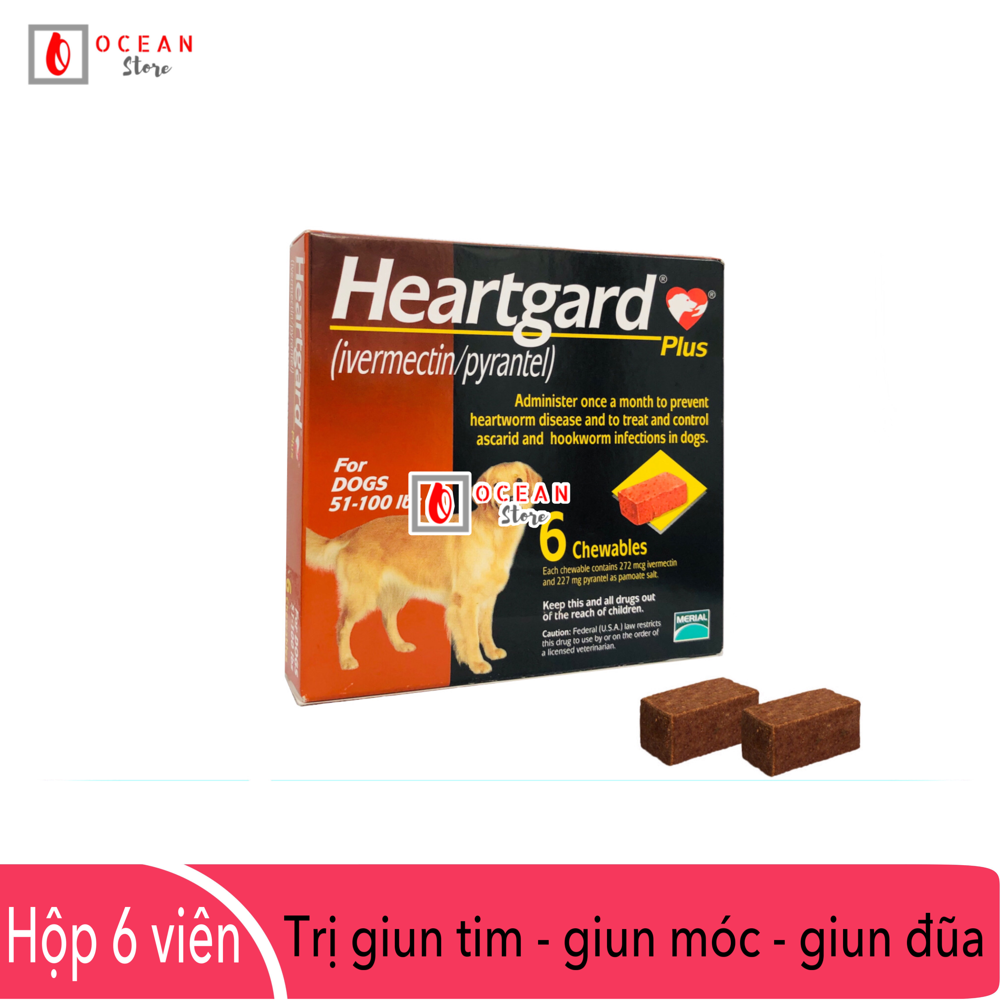 Thuốc tẩy giun tim, giun đũa, giun móc trên chó - Hộp 6 viên Heartgard chó 22,5 - 45kg
