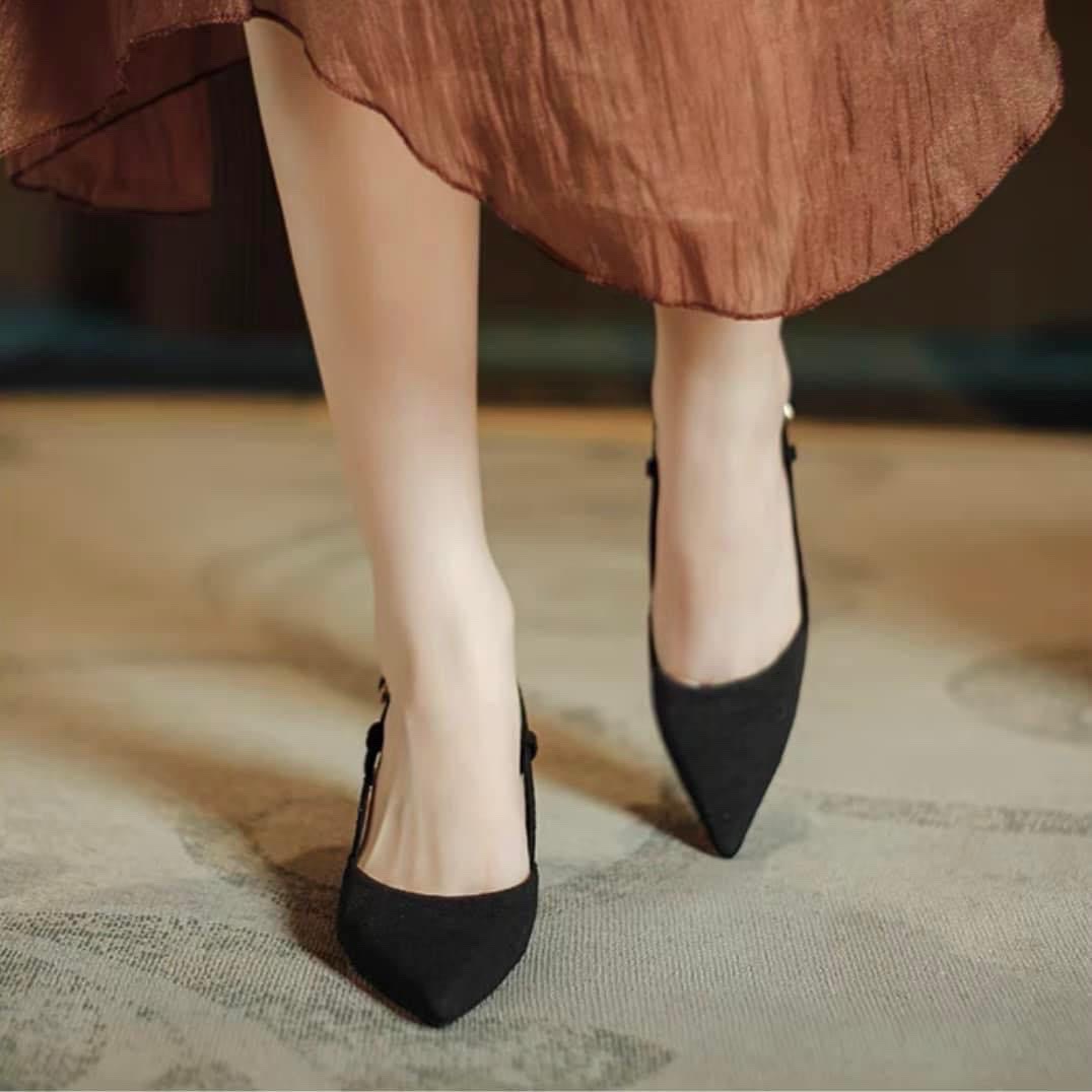 giày sandal nữ gót trụ mũi nhọn lụa trơn gót trụ 5cm- MÃ 961